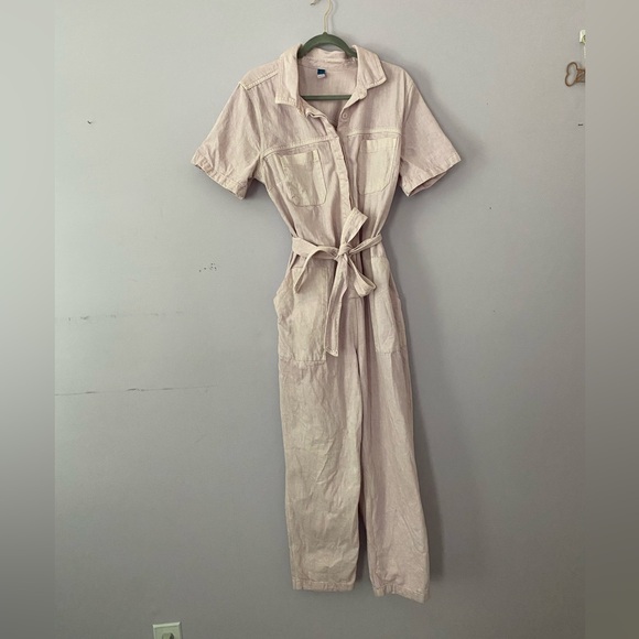 Short-Sleeve Cropped Tie-Belt Utility Non-Stretch Jean Jumpsuit | Orchid Petal - Picture 4 of 6